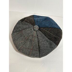 Henschel Cap Newsboy Medium Gray Blue Wool Blend Herringbone Patchwork